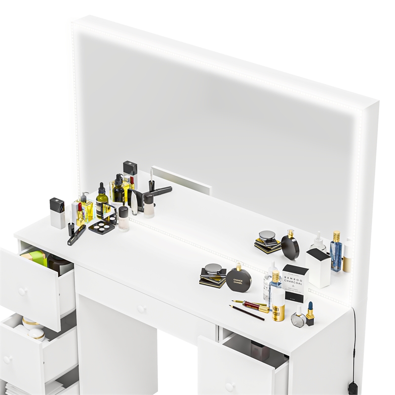 Boahaus Sabrina 7-Drawer Modern Wood Lighted Vanity with Mirror in White