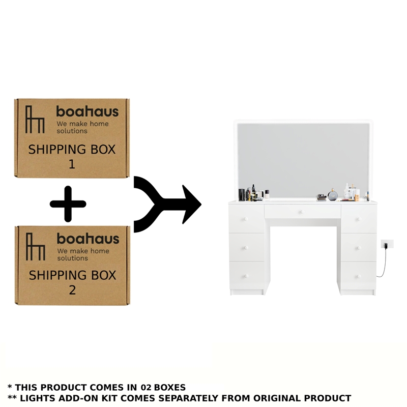 Boahaus Sabrina 7-Drawer Modern Wood Lighted Vanity with Mirror in White