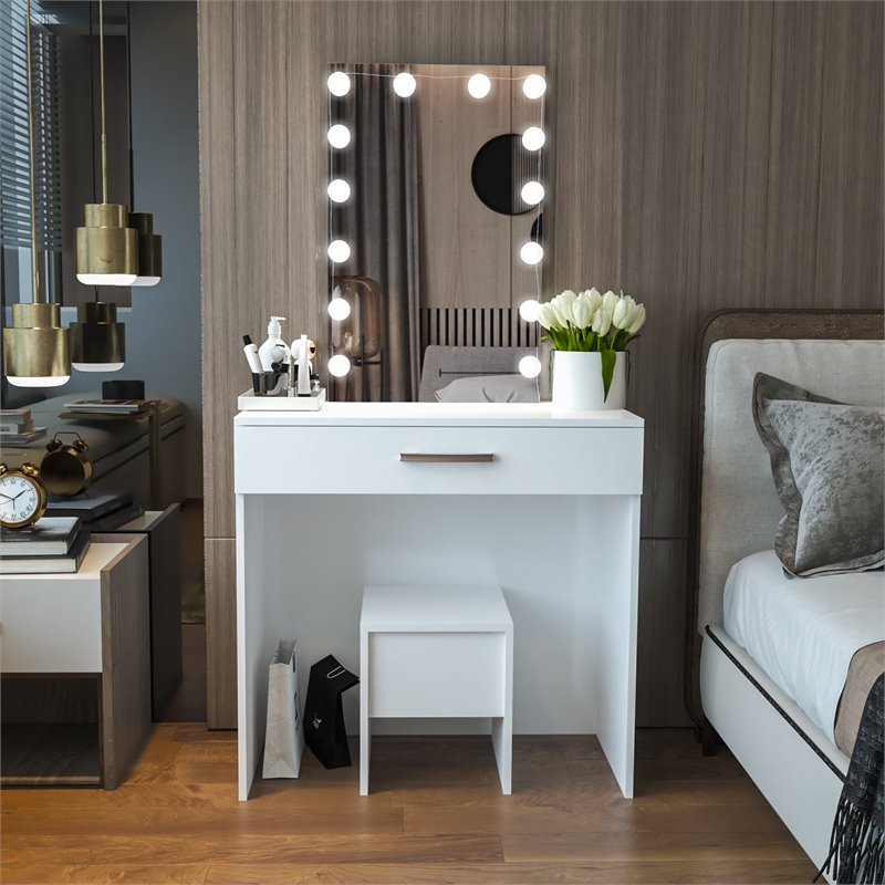 Boahaus Sarah 1-Drawer Modern Wood Vanity Set with Light Bulbs in White