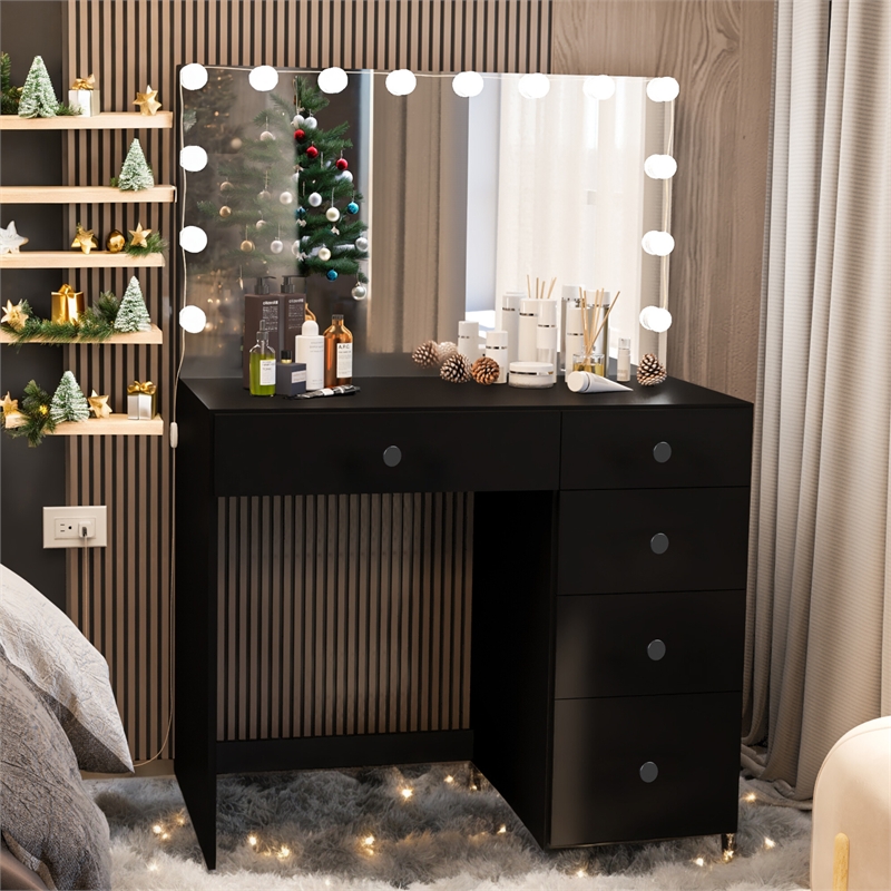 Boahaus Saranya Black Makeup Vanity Desk 5 Drawers and Basic Knobs