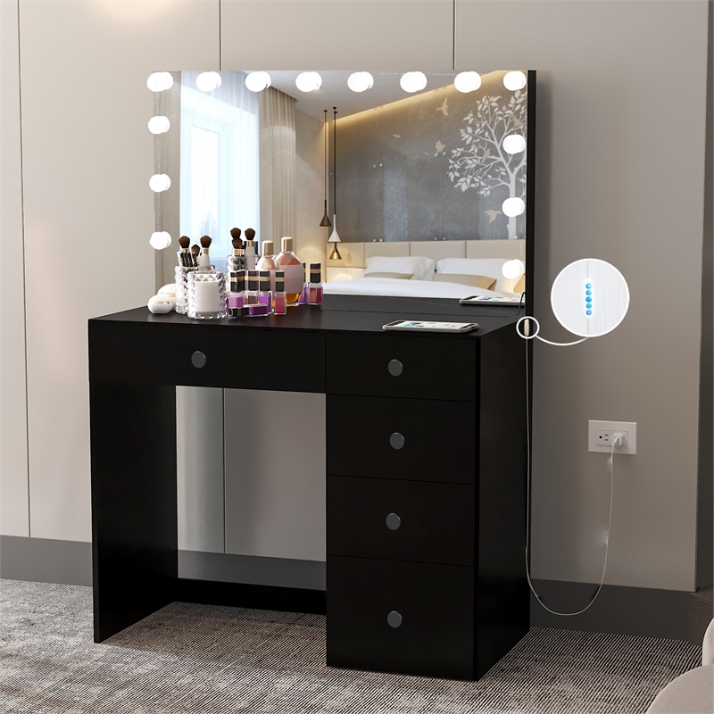 Boahaus Saranya Black Makeup Vanity Desk 5 Drawers and Basic Knobs