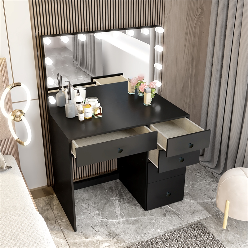 Boahaus Saranya Black Makeup Vanity Desk 5 Drawers and Basic Knobs