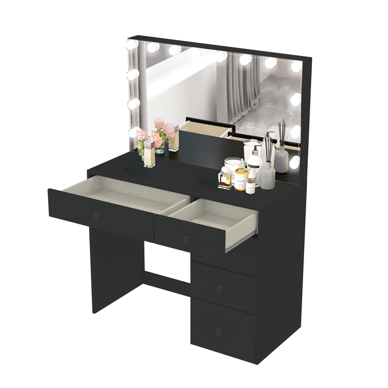 Boahaus Saranya Black Makeup Vanity Desk 5 Drawers and Basic Knobs