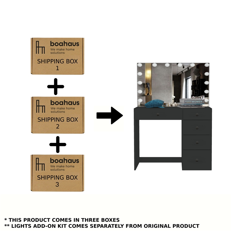 Boahaus Saranya Black Makeup Vanity Desk 5 Drawers and Basic Knobs