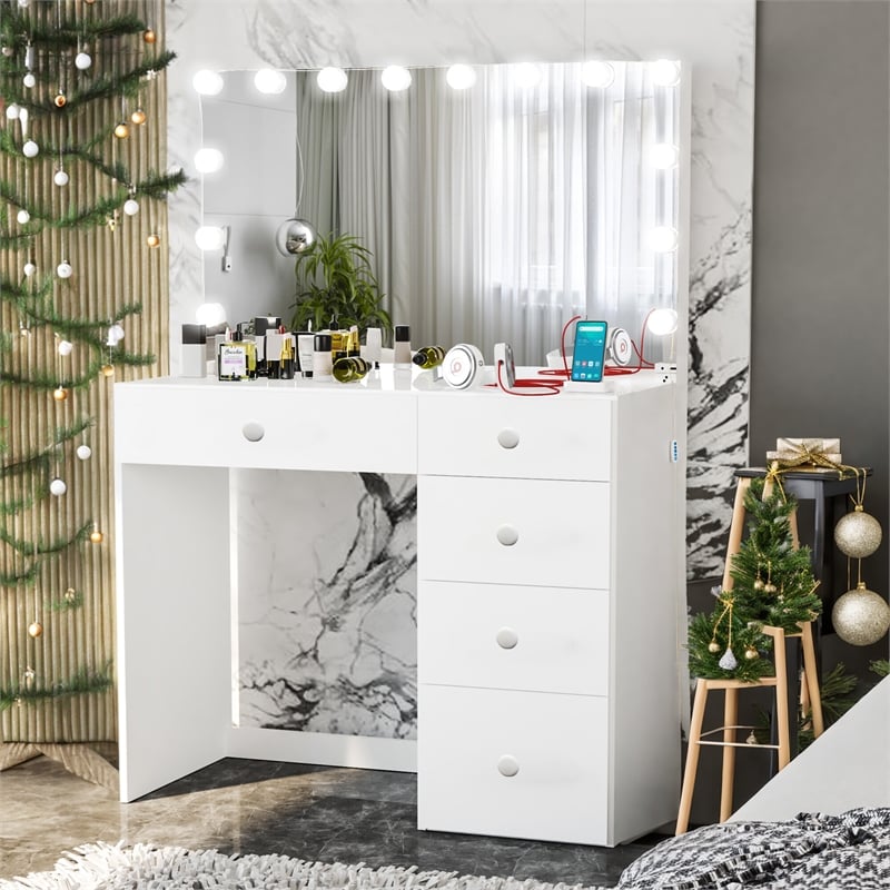 Boahaus Saranya White Makeup Vanity Desk 5 Drawers and Basic Knobs