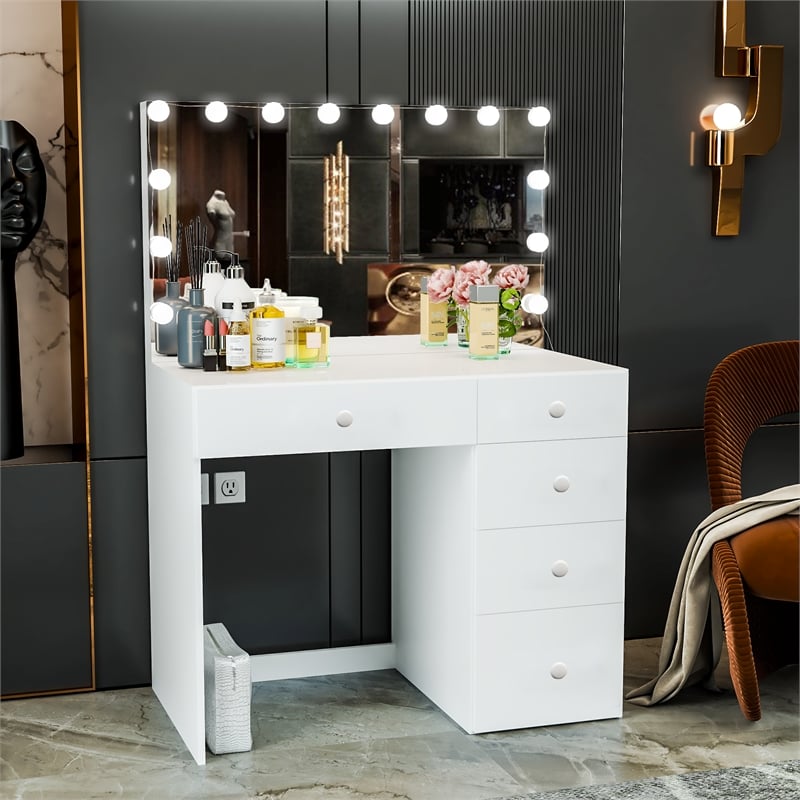 Boahaus Saranya White Makeup Vanity Desk 5 Drawers and Basic Knobs