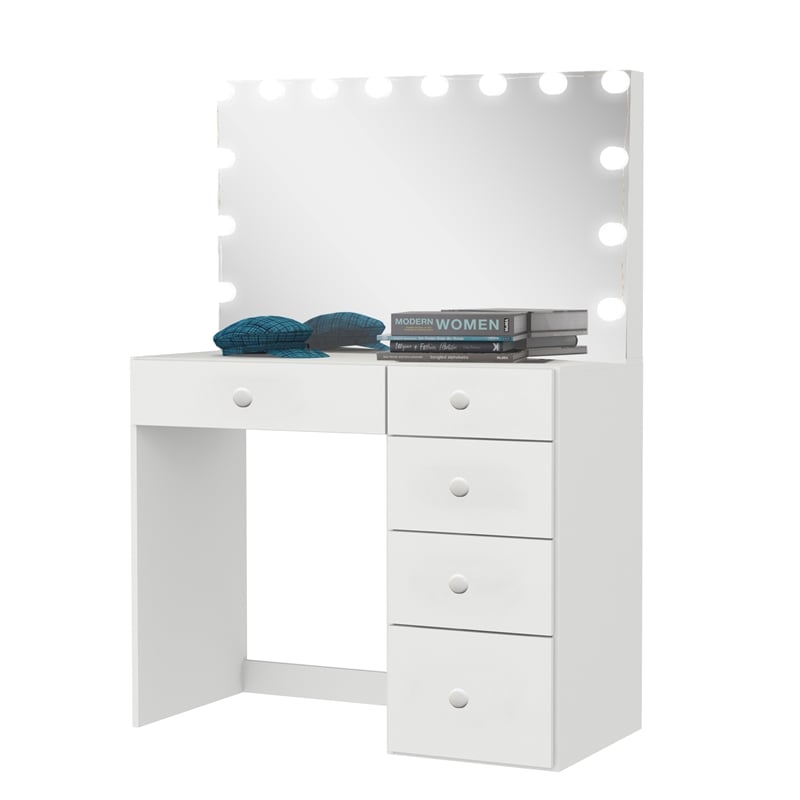 Boahaus Saranya White Makeup Vanity Desk 5 Drawers and Basic Knobs