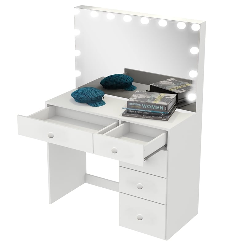 Boahaus Saranya White Makeup Vanity Desk 5 Drawers and Basic Knobs