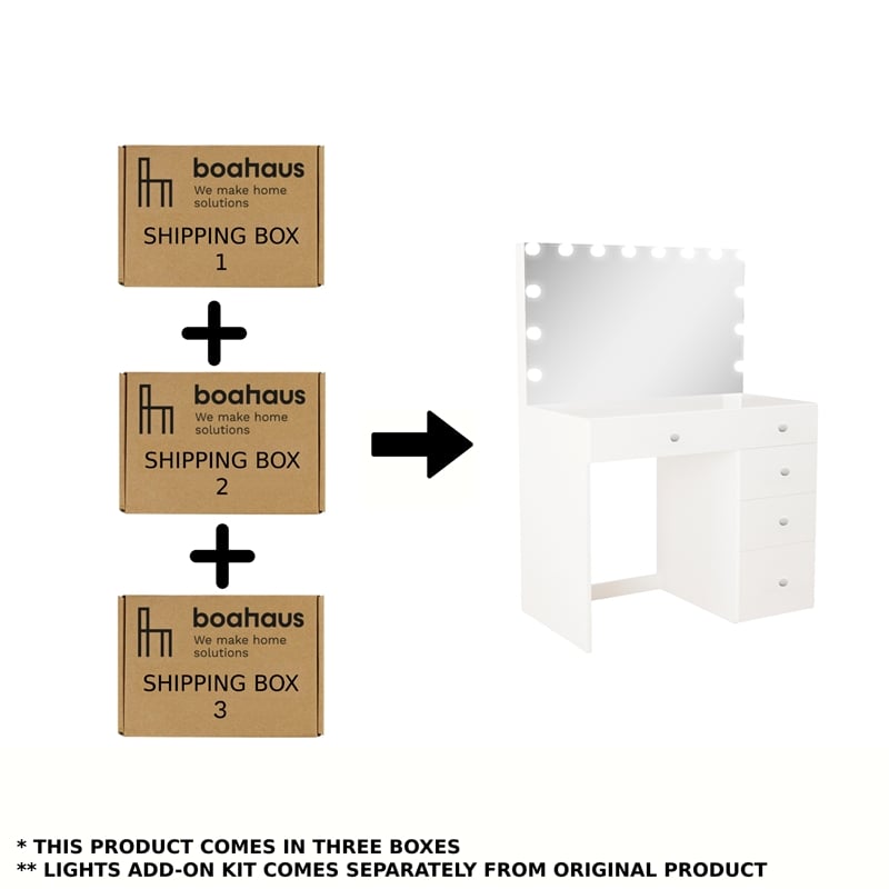 Boahaus Saranya White Makeup Vanity Desk 5 Drawers and Basic Knobs