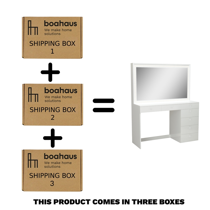 Boahaus Selene 7-Drawer Modern Wood Dressing Table with LED Lights in White