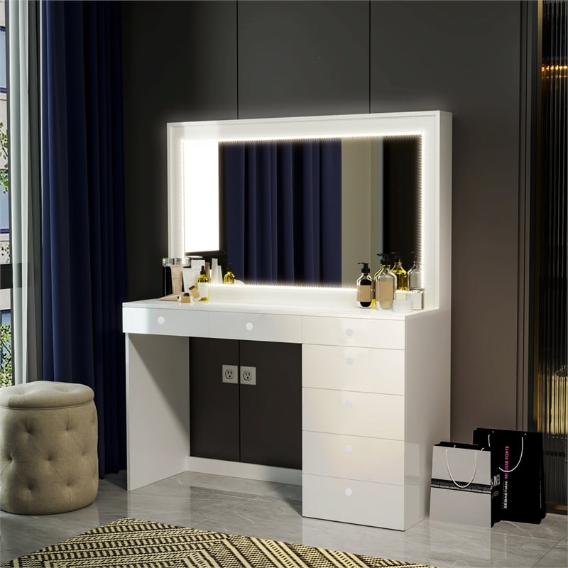 Boahaus Selene 7-Drawer Modern Wood Dressing Table with LED Lights in White