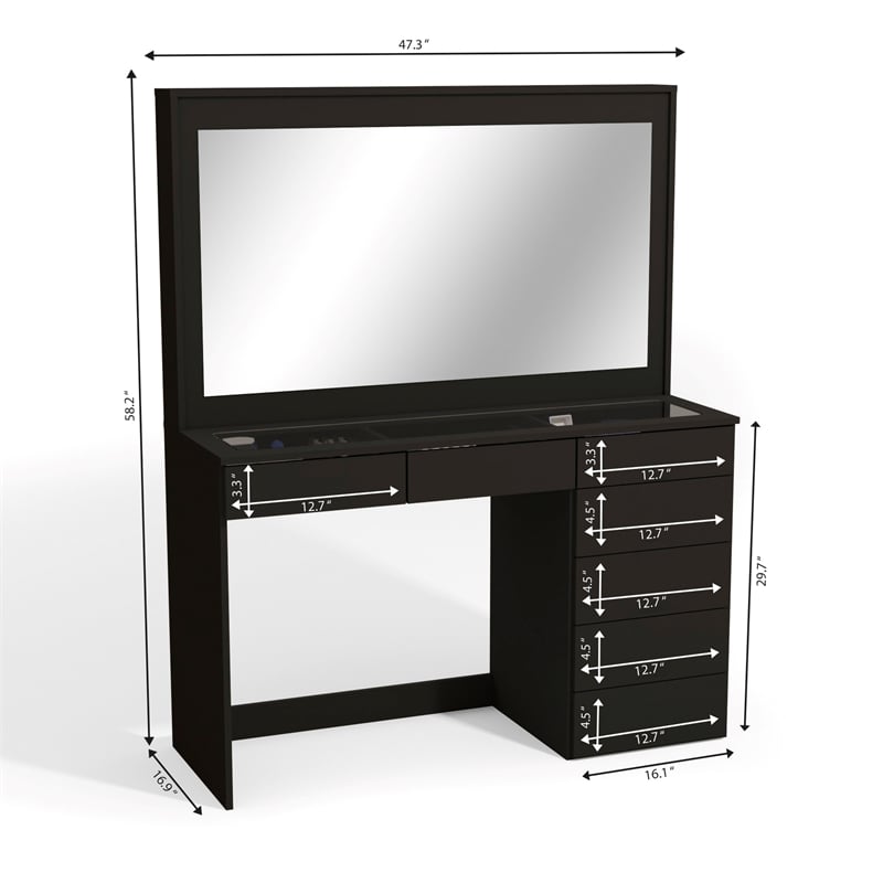 Boahaus Serena 7-Drawer Modern Wood Built-In Lights Black