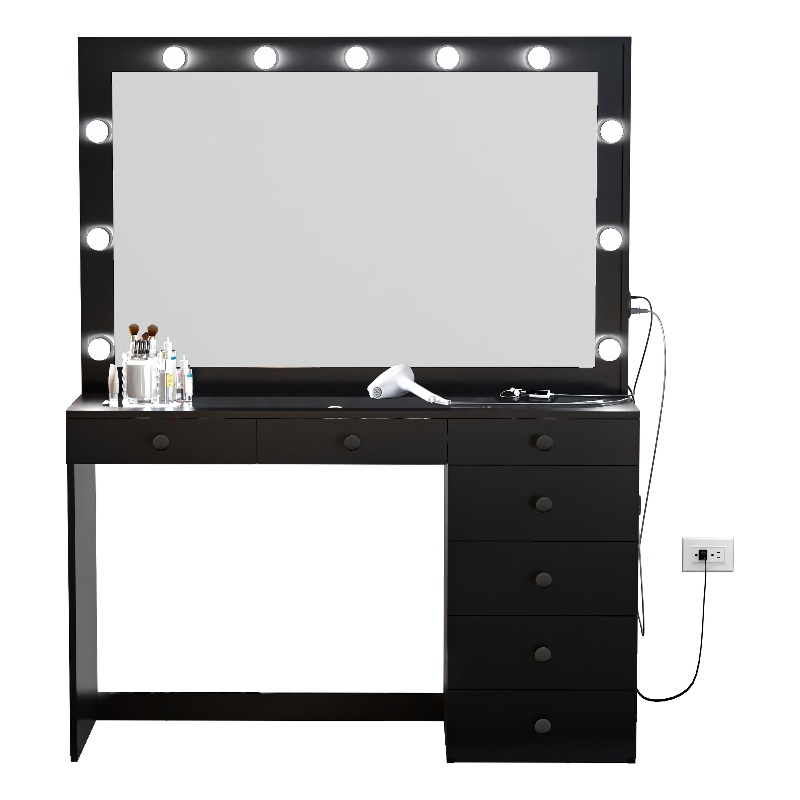 Boahaus Serena 7-Drawer Modern Wood Built-In Lights Black