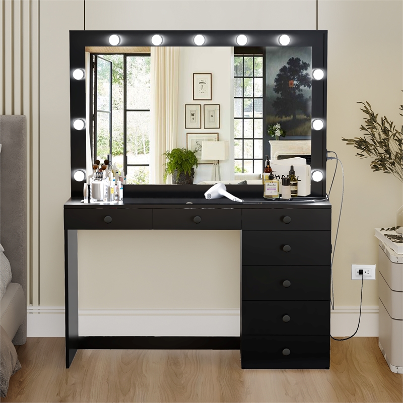Boahaus Serena 7-Drawer Modern Wood Built-In Lights Black