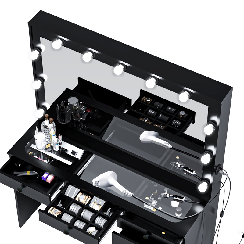Boahaus Serena 7-Drawer Modern Wood Built-In Lights Black
