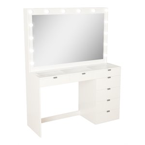 boahaus serena 7-drawer modern wood lighted makeup vanity with mirror in white