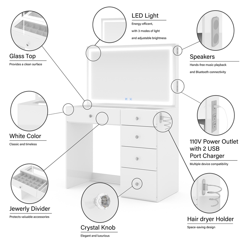 Boahaus Sofia 6-Drawer Modern Wood Makeup Vanity with Mirror in White