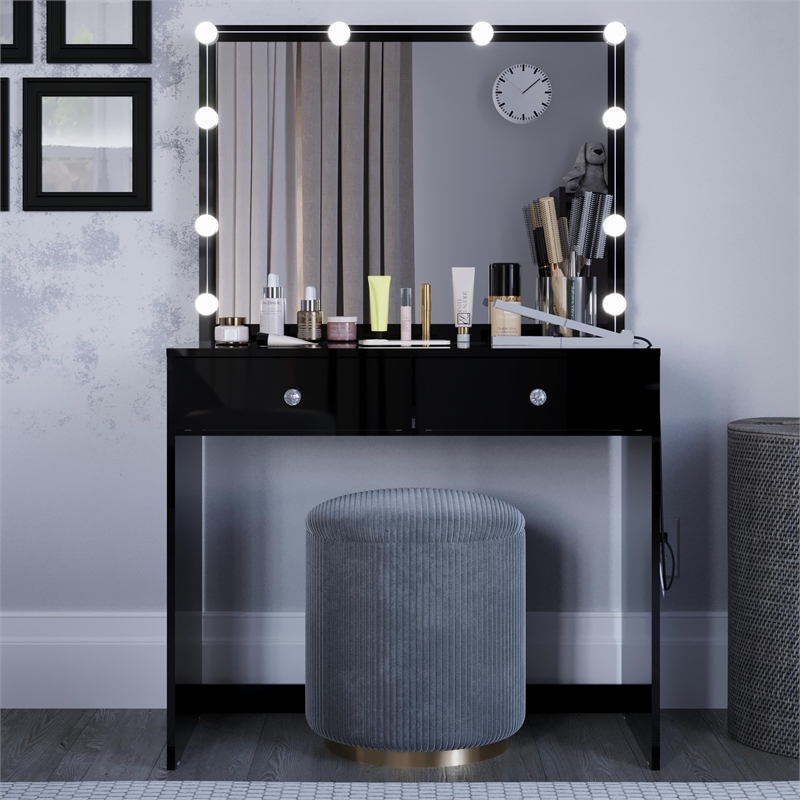 Boahaus Suri 2-Drawer Modern Wood Lighted Vanity Table with Glass Top in Black