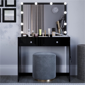 Boahaus Suri 2-Drawer Modern Wood Lighted Vanity Table with Glass Top in Black