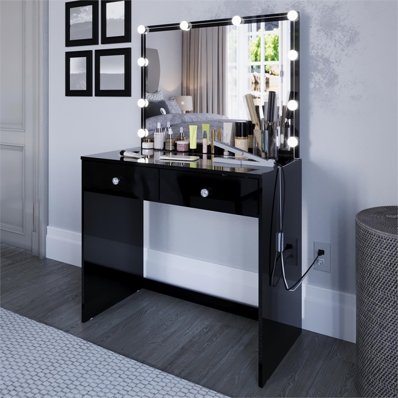 Boahaus Suri 2-Drawer Modern Wood Lighted Vanity Table with Glass Top in Black