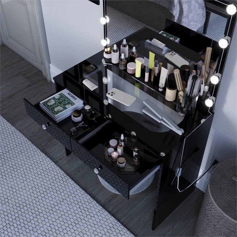Boahaus Suri 2-Drawer Modern Wood Lighted Vanity Table with Glass Top in Black