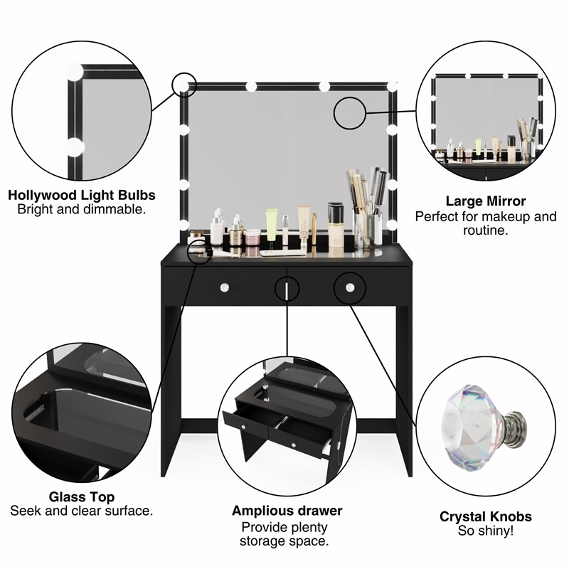 Boahaus Suri 2-Drawer Modern Wood Lighted Vanity Table with Glass Top in Black