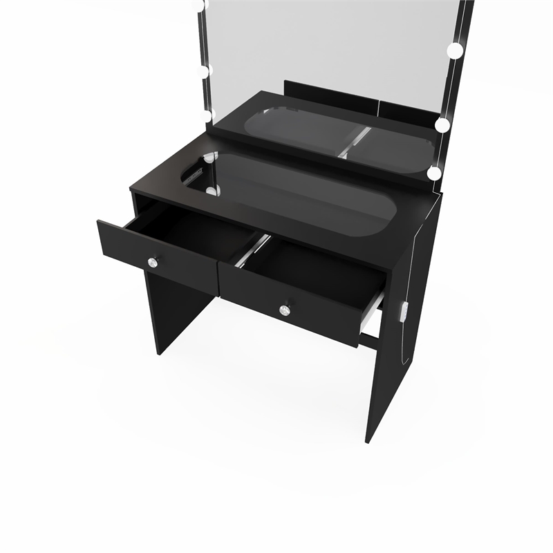 Boahaus Suri 2-Drawer Modern Wood Lighted Vanity Table with Glass Top in Black
