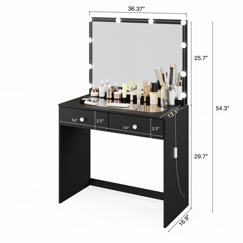 Boahaus Suri 2-Drawer Modern Wood Lighted Vanity Table with Glass Top in Black