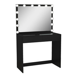 boahaus suri 2-drawer modern wood lighted vanity table with glass top in black