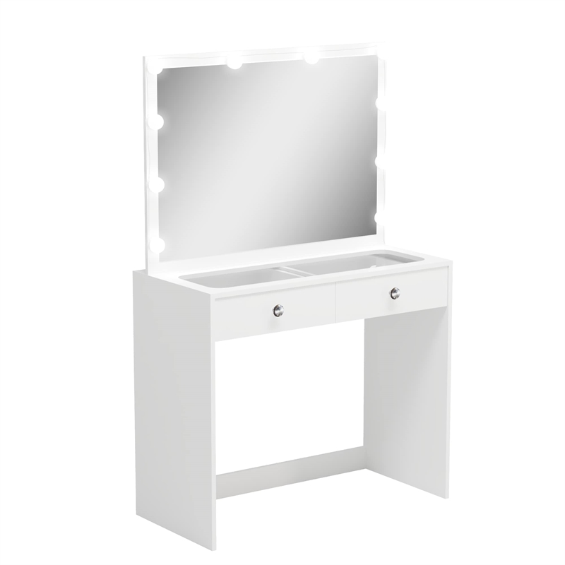 Boahaus Suri 2-Drawer Modern Wood Lighted Vanity Table with Glass Top in White