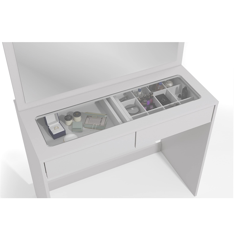 Boahaus Suri 2-Drawer Modern Wood Lighted Vanity Table with Glass Top in White