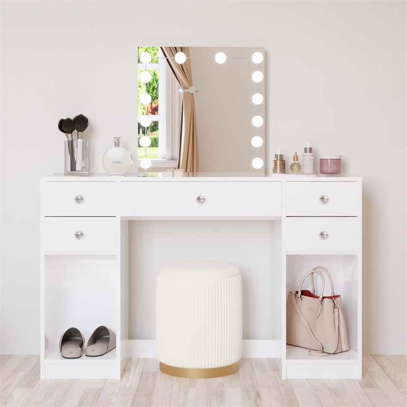 Boahaus Thalia 5-Drawer Modern Wood Vanity with Light Bulbs and Mirror in White