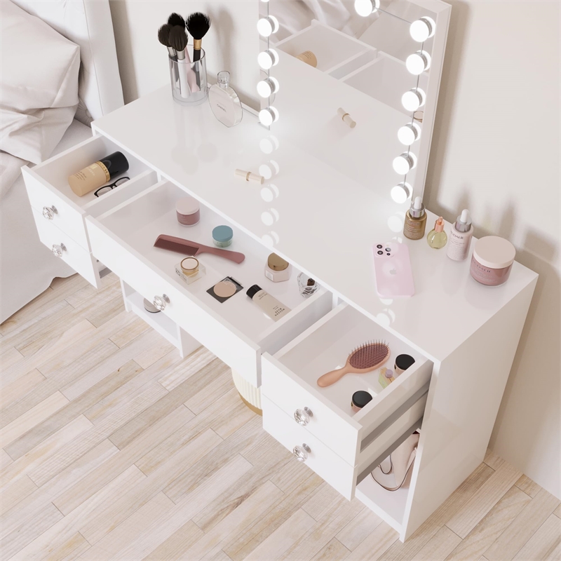 Boahaus Thalia 5-Drawer Modern Wood Vanity with Light Bulbs and Mirror in White