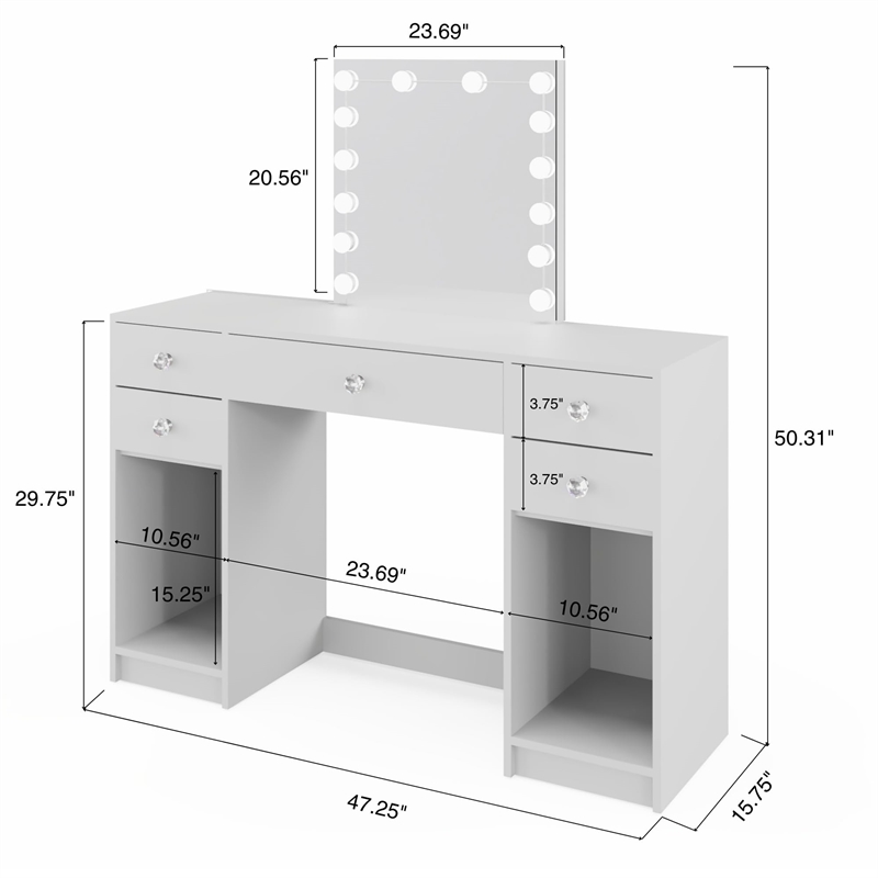 Boahaus Thalia 5-Drawer Modern Wood Vanity with Light Bulbs and Mirror in White
