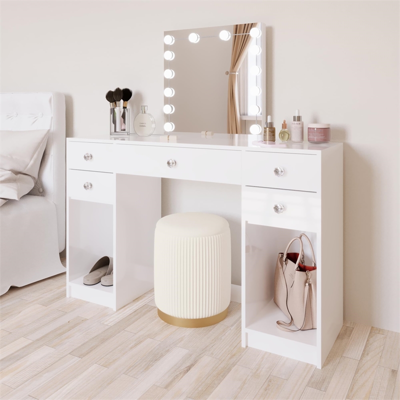 Boahaus Thalia 5-Drawer Modern Wood Vanity with Light Bulbs and Mirror in White