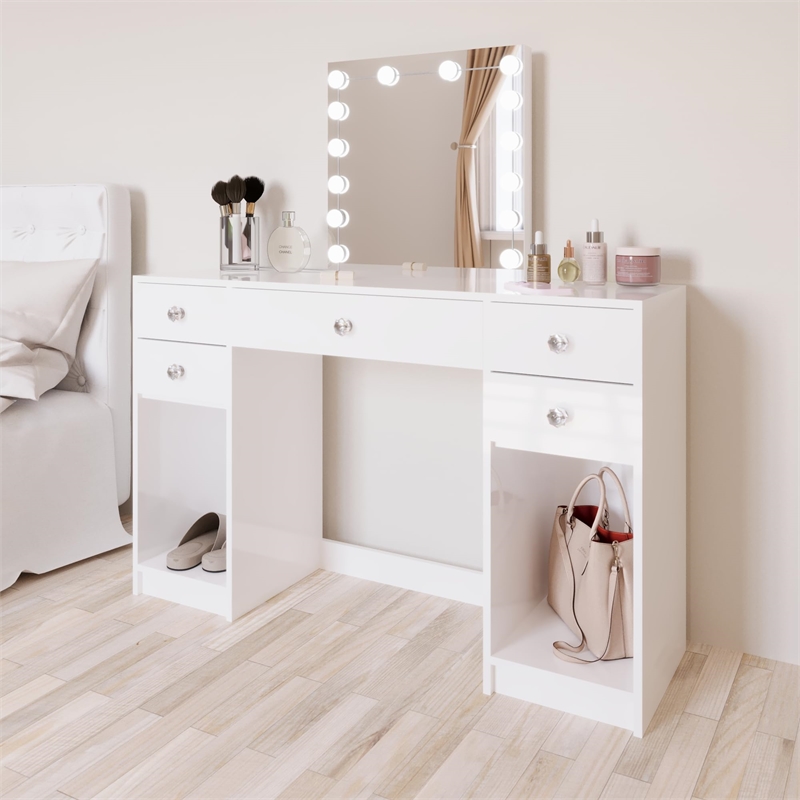 Boahaus Thalia 5-Drawer Modern Wood Vanity with Light Bulbs and Mirror in White