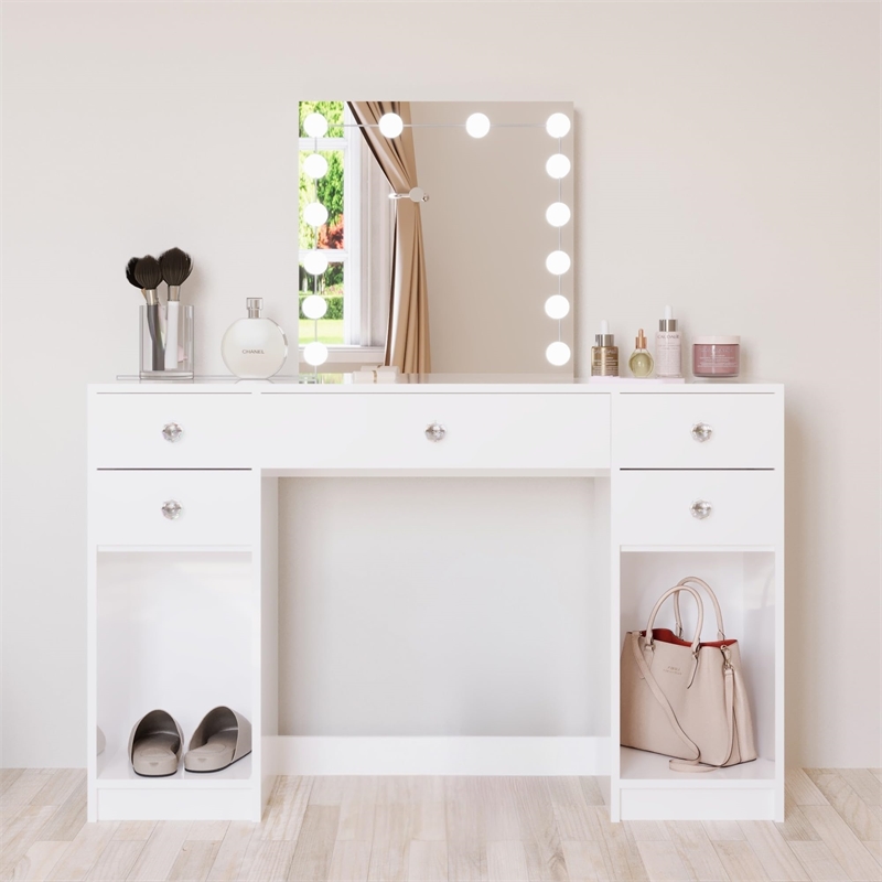Boahaus Thalia 5-Drawer Modern Wood Vanity with Light Bulbs and Mirror in White