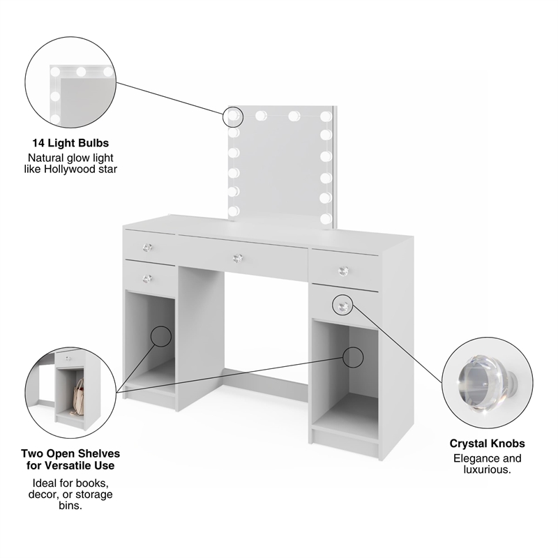 Boahaus Thalia 5-Drawer Modern Wood Vanity with Light Bulbs and Mirror in White