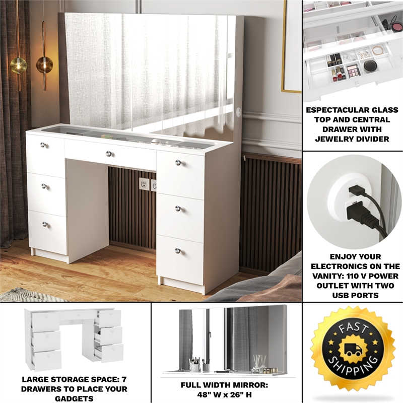 Boahaus Venus 7-Drawer Modern Wood Makeup Vanity with Mirror Top in White