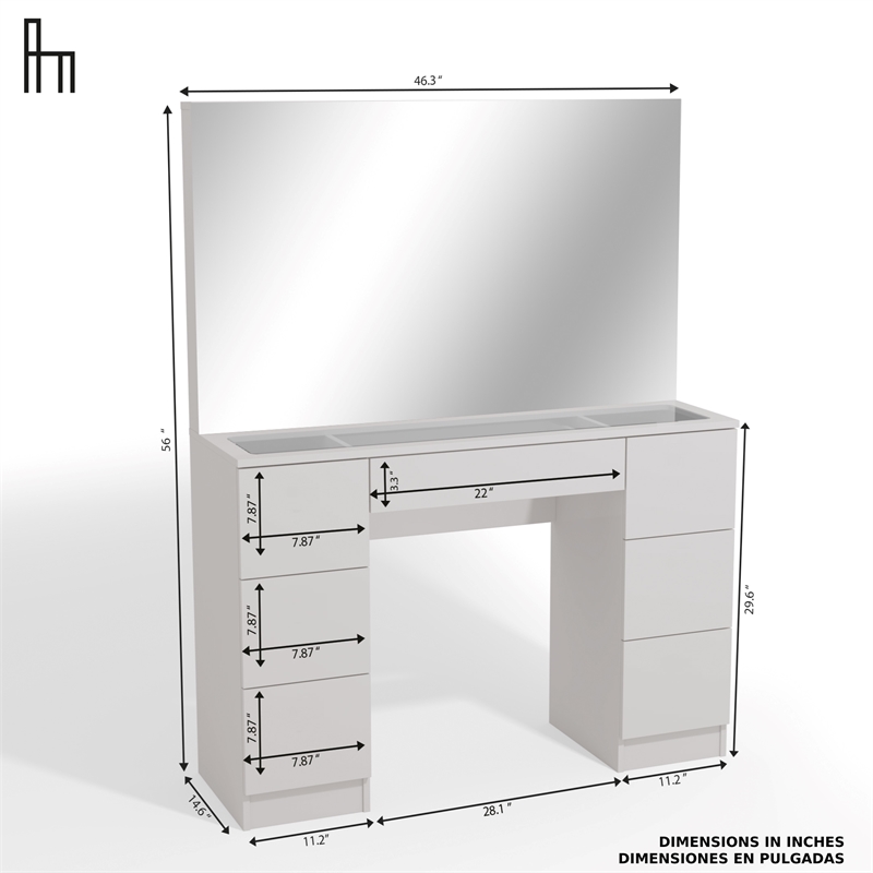 Boahaus Venus 7-Drawer Modern Wood Makeup Vanity with Mirror Top in White