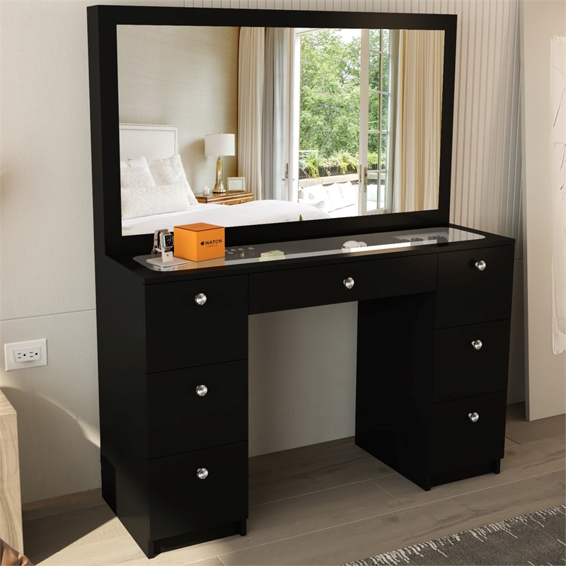 Boahaus Venus 7-Drawer Modern Wood Makeup Vanity with Mirror Top in Black
