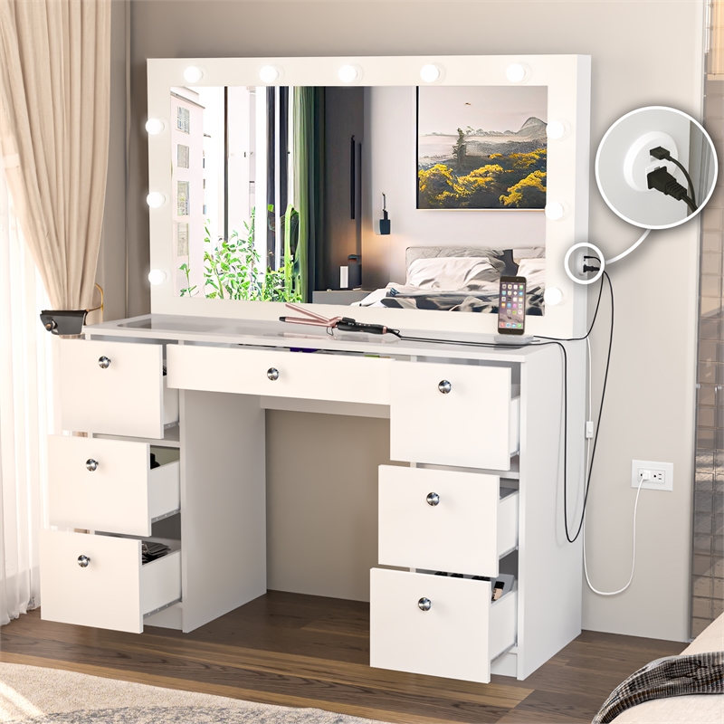 Boahaus Yara Modern Vanity Table - Built-in Lights - White Finish - for Bedroom