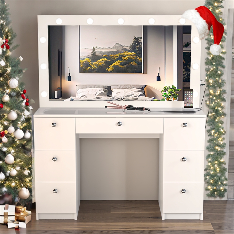 Boahaus Yara Modern Vanity Table - Built-in Lights - White Finish - for Bedroom