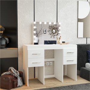 Boahaus Zaria 4-Drawer Modern Wood Vanity with Light Bulbs and Mirror in White