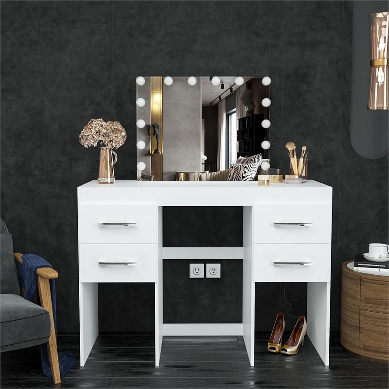 Boahaus Zaria 4-Drawer Modern Wood Vanity with Light Bulbs and Mirror in White