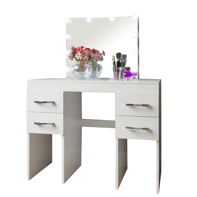 Boahaus Zaria 4-Drawer Modern Wood Vanity with Light Bulbs and Mirror in White