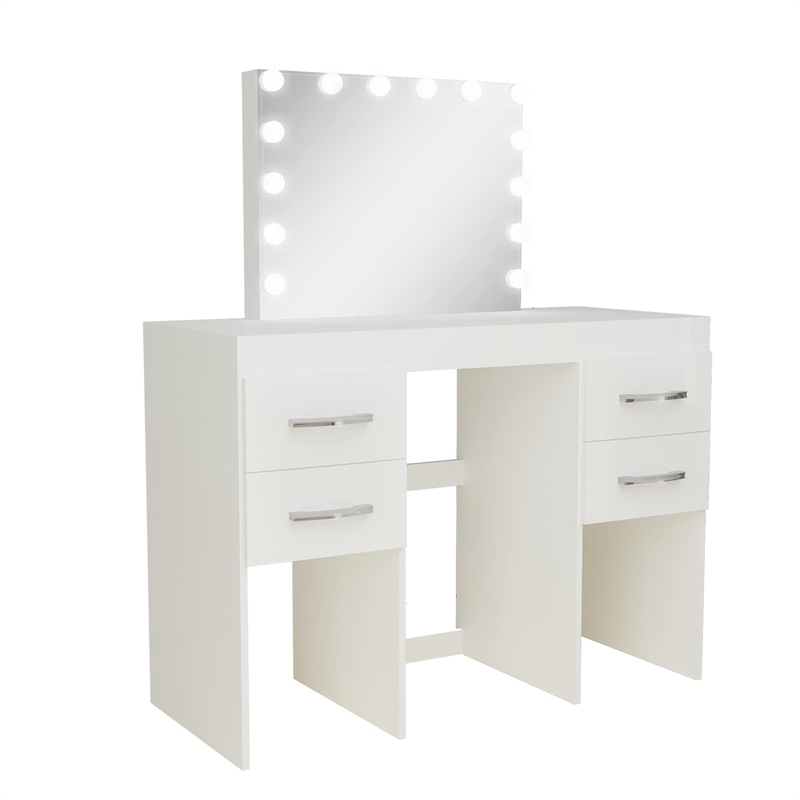 Boahaus Zaria 4-Drawer Modern Wood Vanity with Light Bulbs and Mirror in White