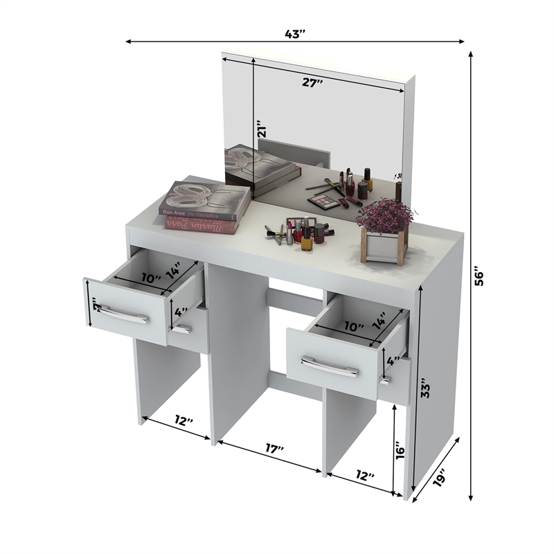 Boahaus Zaria 4-Drawer Modern Wood Vanity with Light Bulbs and Mirror in White