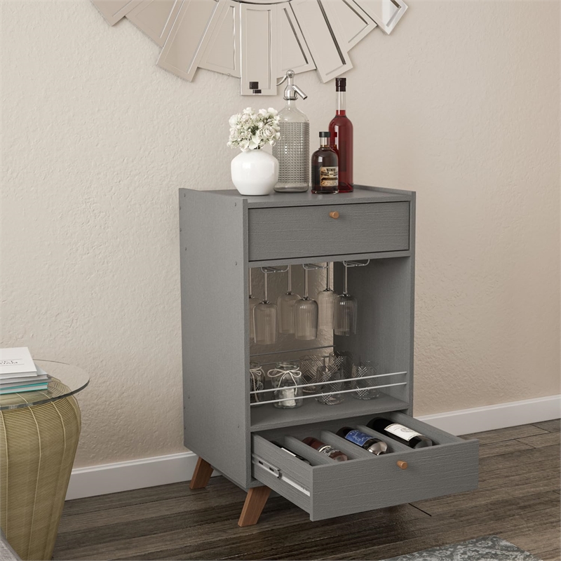 Boahaus Belfast 2-Drawer Modern Wood Mini Bar with Open Shelf in Gray