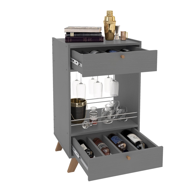 Boahaus Belfast 2-Drawer Modern Wood Mini Bar with Open Shelf in Gray